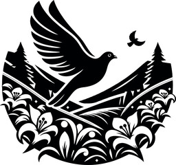 White dove gliding above a sunlit valley covered with fragrant blooming lilies
