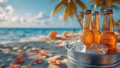 Three Sparkling Brown Beer Bottles Sitting in a Ice Bucket on a Sunny Beach with Palm Trees in the Background, Perfect for Symbolizing Relaxation and Refreshment in a Tropical Setting