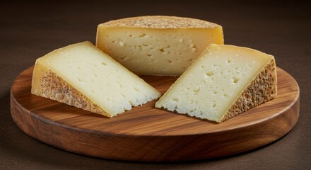 Aged cheese slices on wooden board