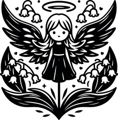 Angel wings gently cradling a delicate Lily of the Valley blossom in soft light
