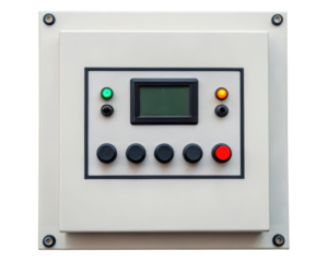 White control panel with screen and various buttons on a transparent background