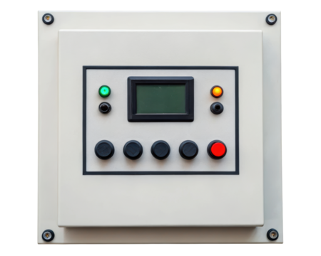 White control panel with screen and various buttons on a transparent background