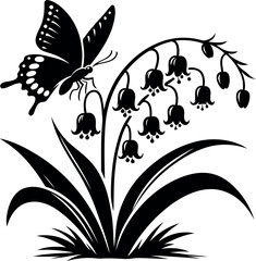 Beautiful butterfly resting softly on a blooming Lily of the Valley bell blossom
