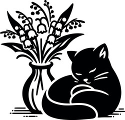 Cute Cat Resting Beside Vase with Lily of the Valley Flowers, Natural Light Indoors