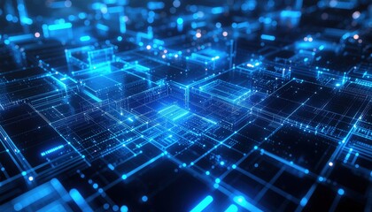 Digital Circuit Grid with Blue Glowing Connections