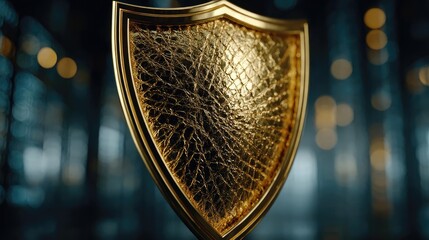 Gold price surge value and trading trend analysis concept. A close-up of a golden shield symbolizing protection and security.