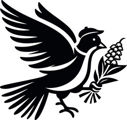 Dove gracefully carrying delicate Lily of the Valley blossoms gently in its beak.