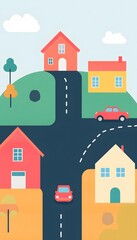 Colorful cartoon illustration of a small town.