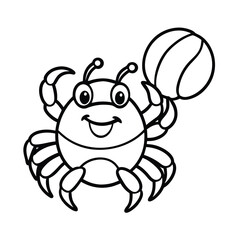 Cute crab playing with beach ball Line Art Vector illustration