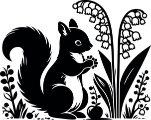 Squirrel carefully picking ripe berries beside delicate Lily of the Valley flowers in forest