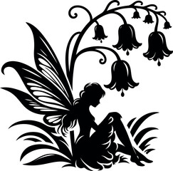 Delicate fairy resting peacefully beneath a blooming Lily of the Valley bell flower