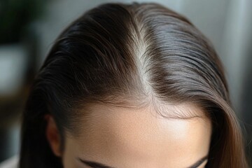 Fototapeta premium Young woman concerned about her thinning hair and hair loss., Generative AI