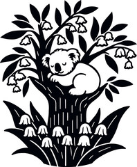Koala resting peacefully in a tree above blooming Lily of the Valley flowers below