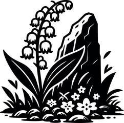 Delicate Lily of the Valley flowers nestled close to a cool shaded mossy stone