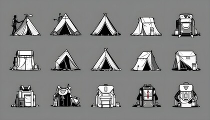 Camping Tent and Backpack Icons Set – Minimalist Black and White Outdoor Adventure Symbols