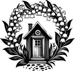 Charming Lily of the Valley garland hanging gently on a spring cottage door with sunlight