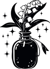 Mystical potion bottle showcasing a Lily of the Valley label for enchanted use
