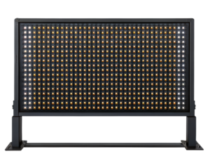Large LED display board with amber and white lights on a transparent background