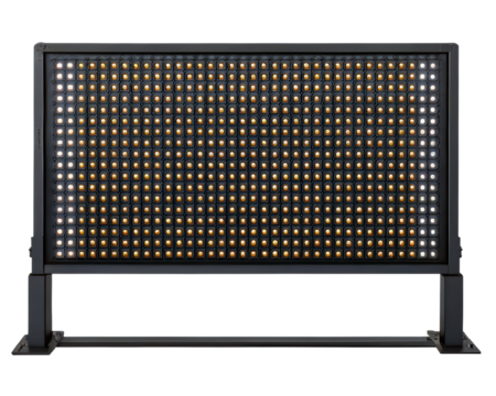 Large LED display board with amber and white lights on a transparent background