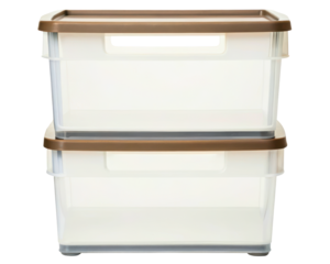 Stacked clear plastic storage boxes with brown lids on a transparent background