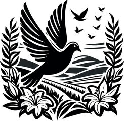 Peaceful dove soaring gracefully over a vibrant valley blooming with countless lilies