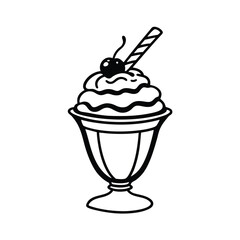 Ice cream sundae topped with bright cherry Line Art Vector illustration