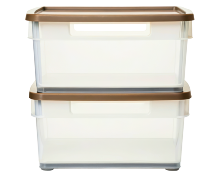 Stacked clear plastic storage boxes with brown lids on a transparent background