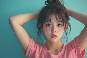 Hair loss concept: Asian woman looking at her scalp, worried about balding., Generative AI