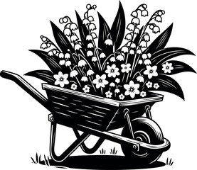 Classic wooden wheelbarrow holding a beautiful mix of Lily of the Valley and daisies