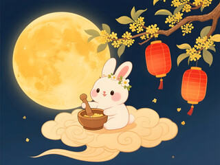 Warm Mid-Autumn Festival Illustration with Jade Rabbit