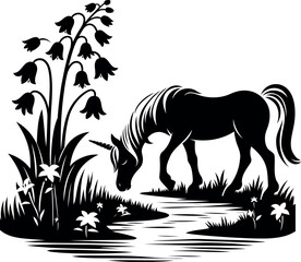 Enchanting scene of unicorn grazing beside a clear stream lined with Lily of the Valley