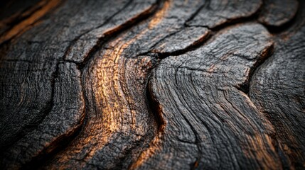 Close-up of dark, textured wood with golden highlights