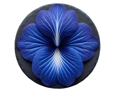 Blue floral design on a dark circular stone surface on a transparent background