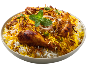 Traditional Indian chicken biryani with fragrant basmati rice and spices garnished with mint leaves served in white bowl isolated on transparent background