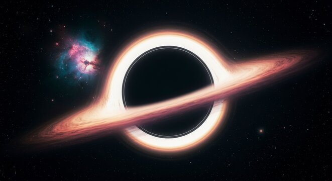 A supermassive black hole with an accretion disk, surrounded by stars and nebulae in deep space