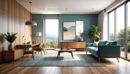 Fototapeta premium Mid-Century Modern Living Room Design Warm Tones, Natural Light, and Tranquil Atmosphere