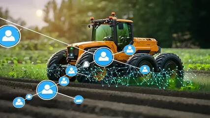 Modern tractor cultivating a lush field with digital connectivity icons symbolizing agricultural innovation - Powered by Adobe