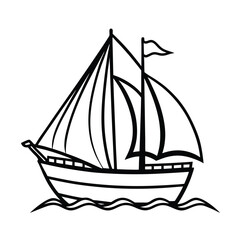 Sailboat with billowing sails in breeze Line Art Vector illustration