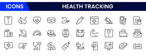 Sleek vector web line icons depicting health tracking, fitness apps, wearables, wellness metrics, and digital health monitoring solutions.