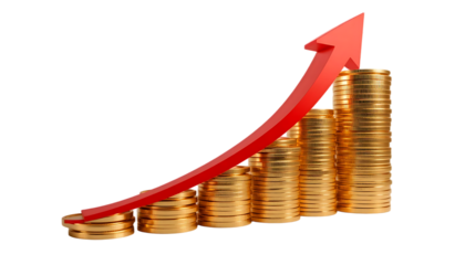 PNG of money growth on transparent 3D podium with arrow, showing business success, finance, investment, and profit concept.
