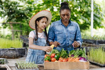 mother and daughter gardening with A basket of vegetables and fruits  in backyard organic farm garden.