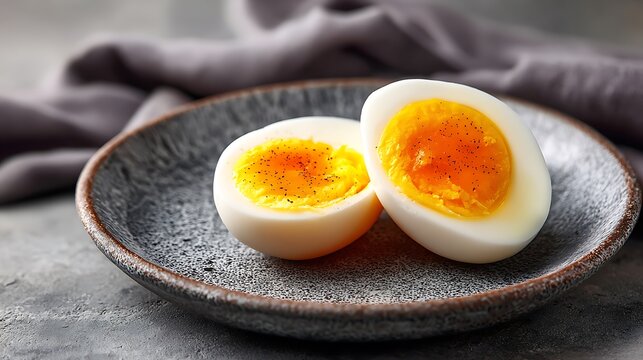 Halved Boiled Eggs with Seasoned Yolks on a Ceramic Plate