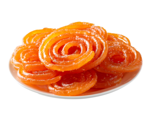 Traditional Indian jalebi dessert served on white plate with crispy texture and golden syrup glaze isolated on transparent background