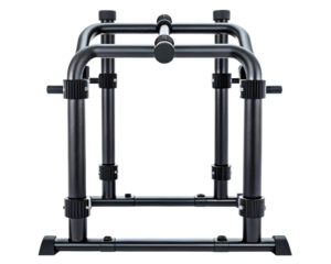 Black metal frame with adjustable bars and sturdy construction on a transparent background