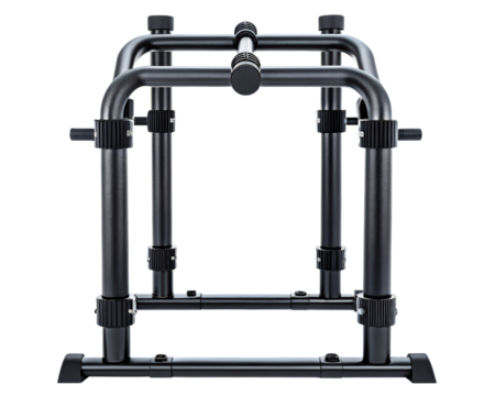 Black metal frame with adjustable bars and sturdy construction on a transparent background