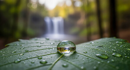 A crystal-clear water droplet rests on a vibrant green leaf, reflecting a blurred forest and a gentle waterfall in its spherical surface.