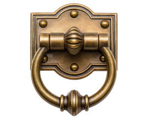 Vintage brass door knocker with ornate detailing on a transparent background