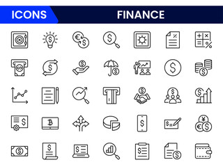 Sleek vector web line icons depicting finance management, budgeting, investments, accounting, and strategic financial planning for wealth growth.