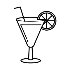 Summer cocktail garnished with lemon slice Line Art Vector illustration