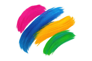 Vibrant pink, blue, yellow, green brushstrokes overlapping, forming abstract artistic design with transparent background, lending creative visual energy to graphic projects